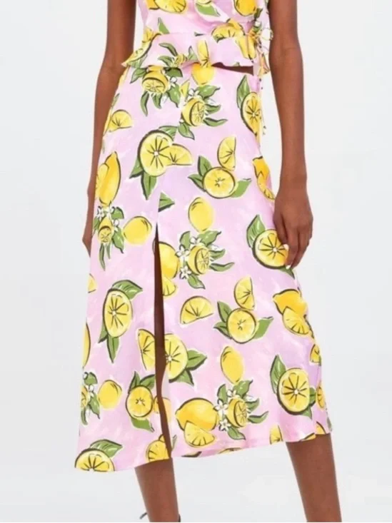 ZARA Lemon Print Satin Midi Skirt - Picture 14 of 14